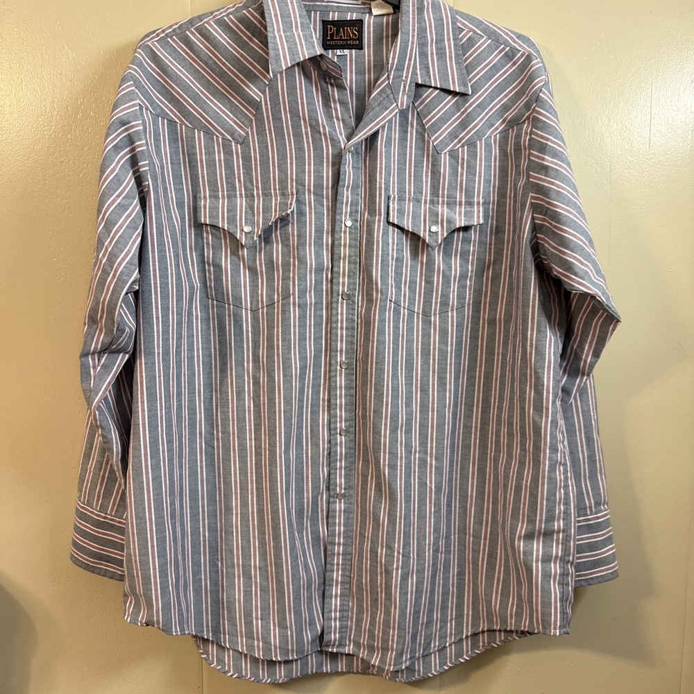 Plains Western Wear Shirt Mens XL Striped Pearl Snap Long Sleeve Cowboy Western